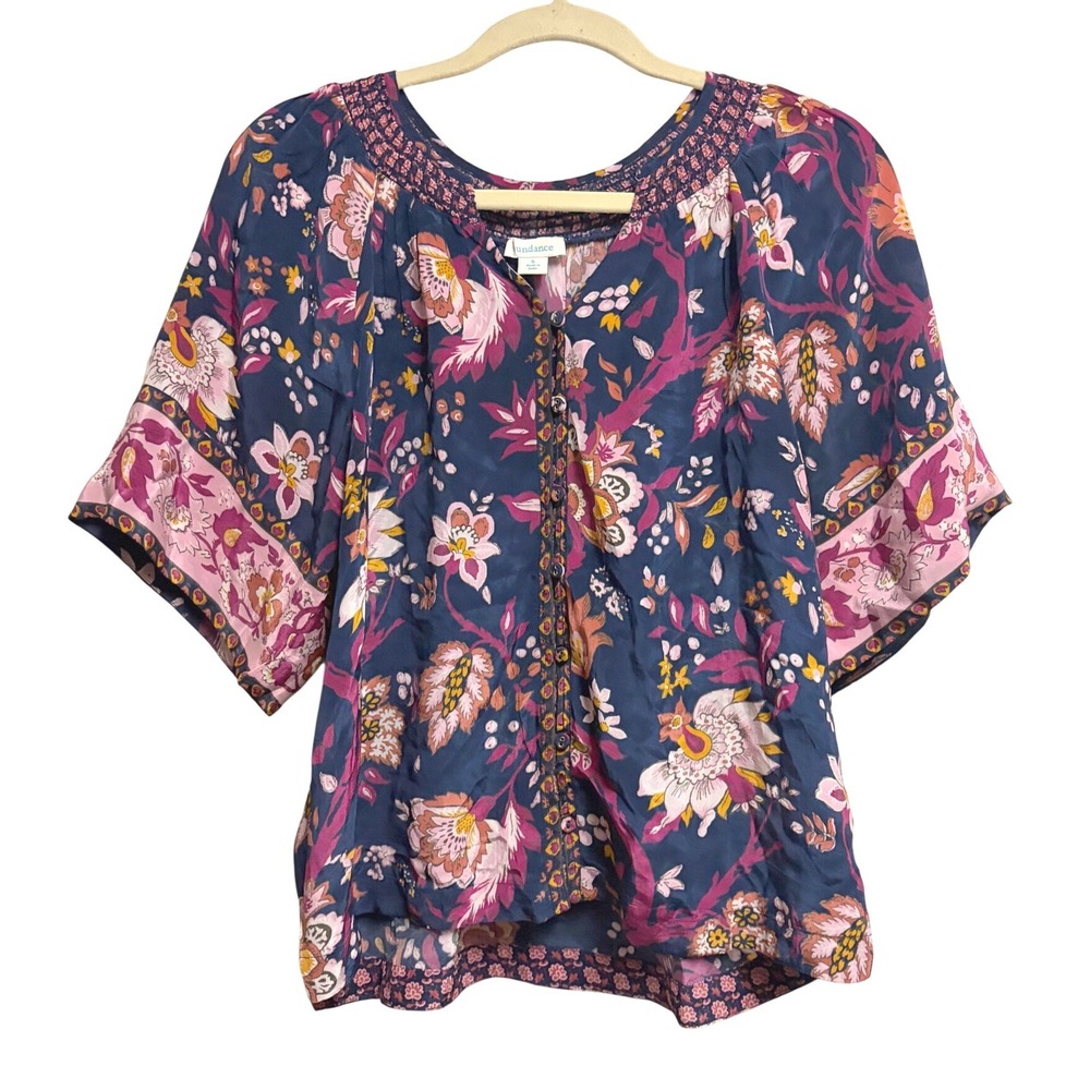 Sundance Floral Boho Smocked V-Neck Navy Pink Blouse Short Sleeve Small